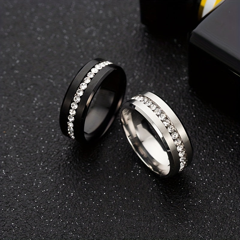 Men's Stainless Steel Single Row Diamond Zircon Ring 8MM
