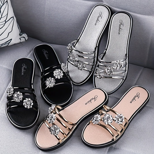 Rhinestone Flat Slides Open Toe Non Slip Shoes