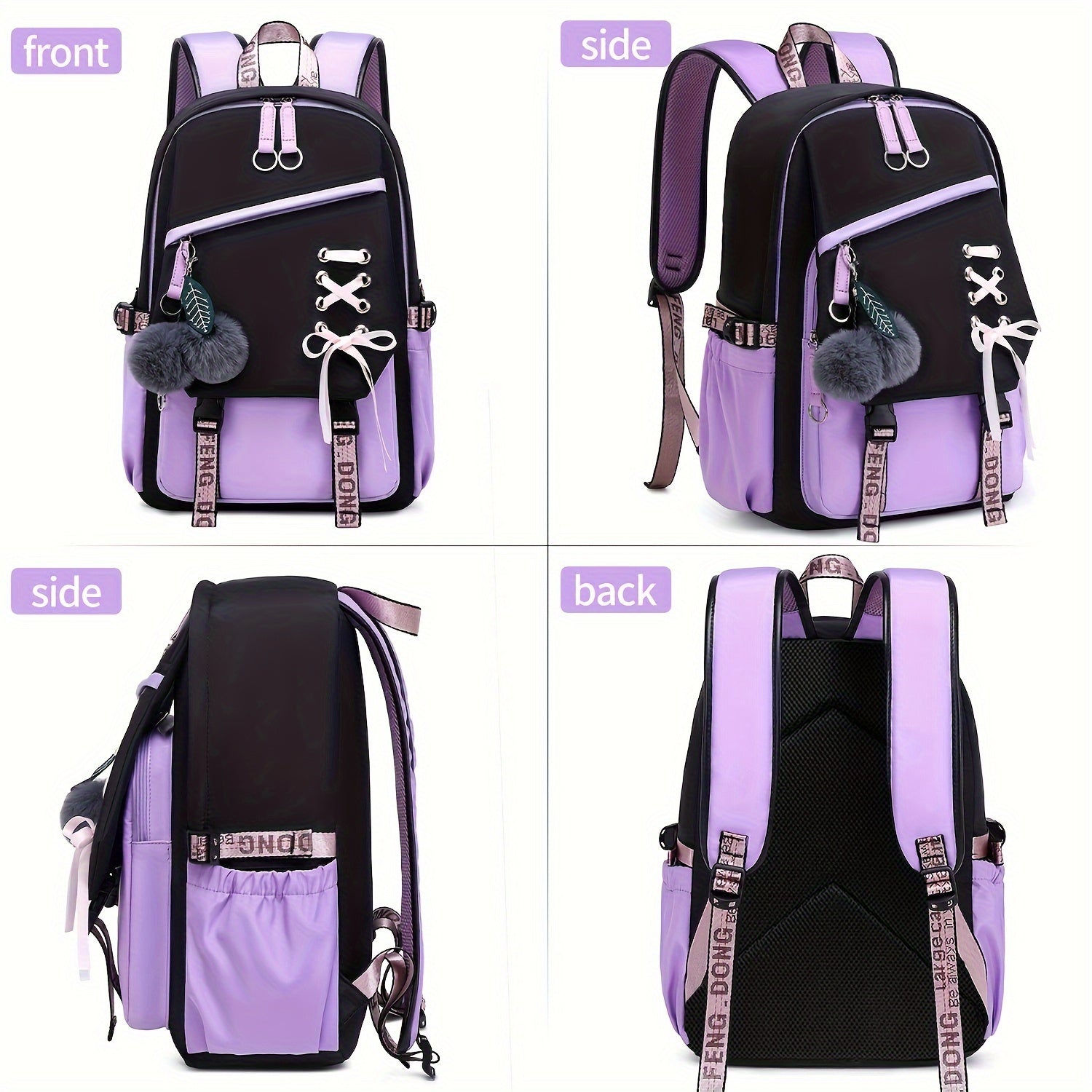 Girl School Backpack Two Plush Balls Letter Pattern Strap Kids Casual Laptop Bag