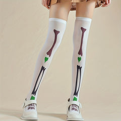 Skull Print Thigh High Socks Halloween Cosplay Over The Knee Socks