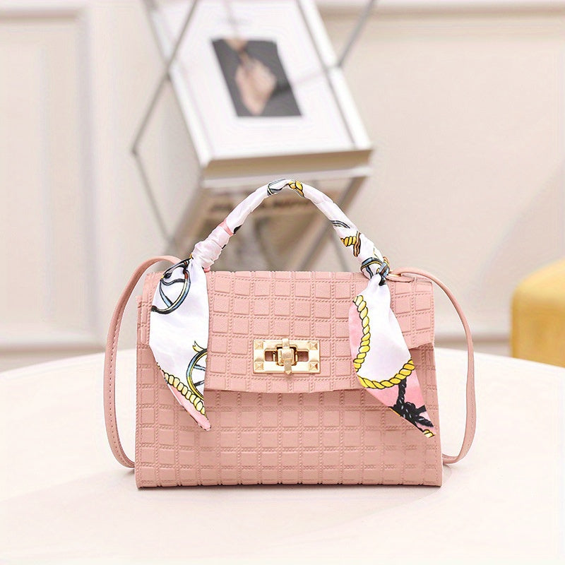 Mini Scarf Handle 3D Plaid Satchel Crossbody Handbag