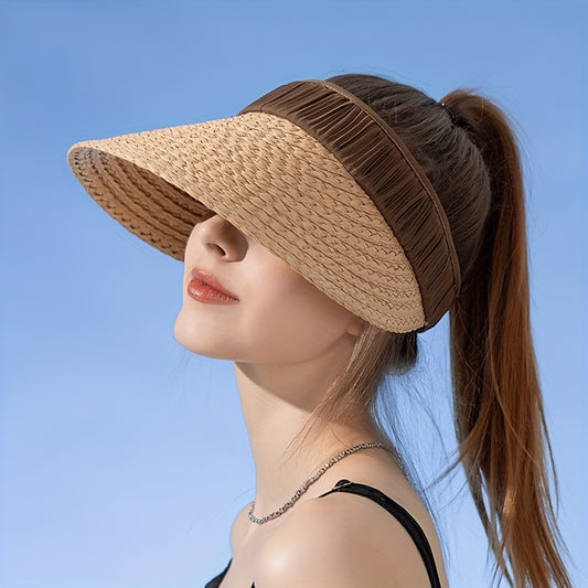 Straw Visor Hat Casual Ponytail Sun Hat UV Protection Foldable