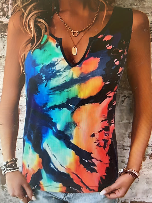  Tie Dye Tank Top Notched Neck Slight Stretch