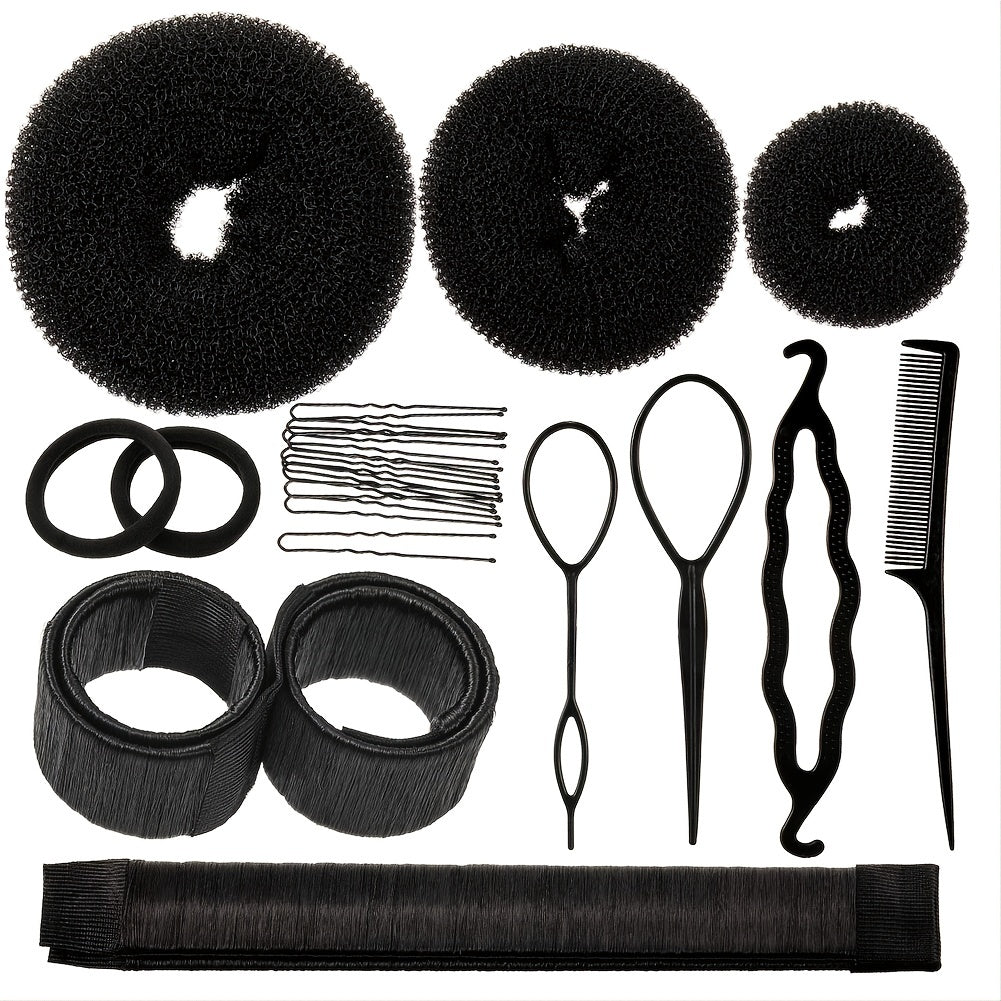 Hair Bun Shaper Set with Bun Donut, Marker, Ponytail Tool, Pins and Bands