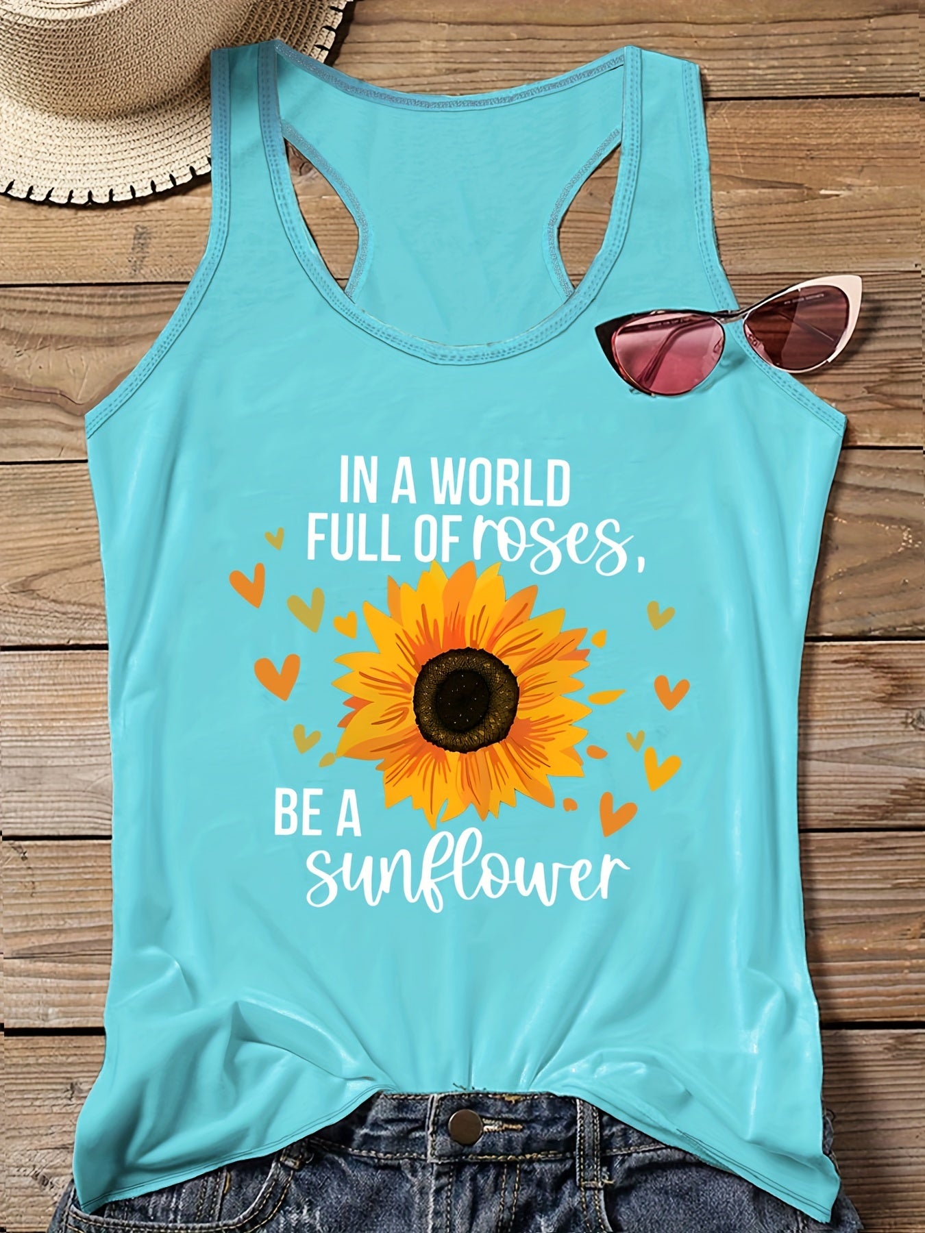  Sunflower Print Round Neck Vest Top