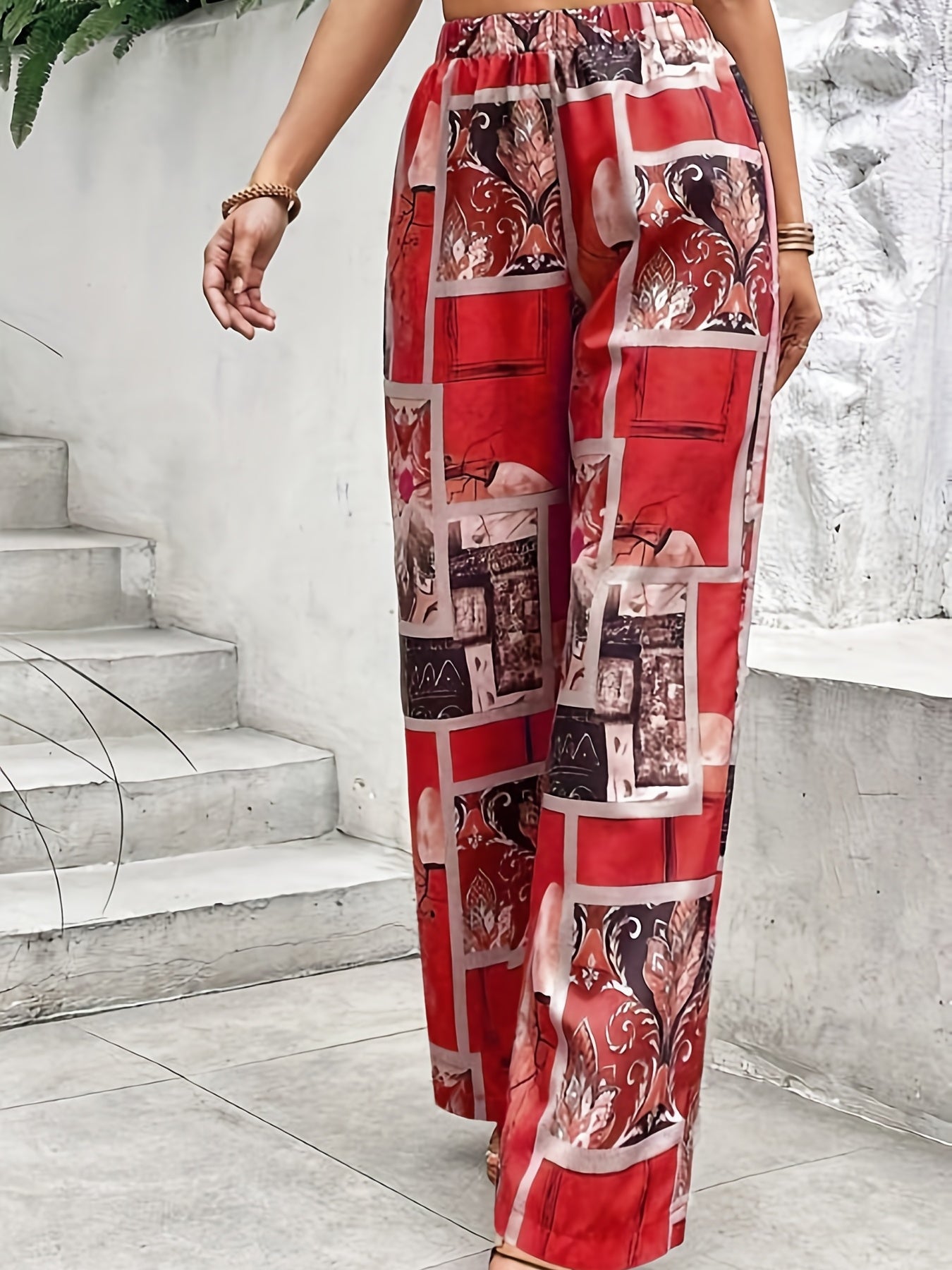  Patchwork Print Boho Pants High Rise Loose Fit Straight Leg Trousers