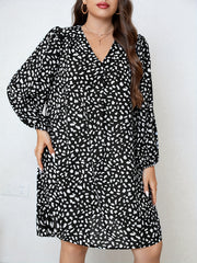  Dalmatian Print Lantern Sleeve V Neck Dress