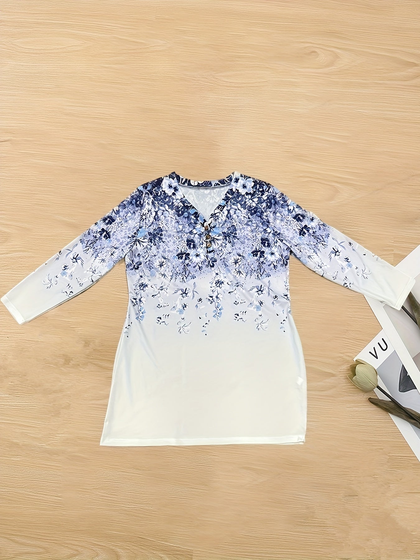  Sexy Dress Women's Plus Floral Print Button Decor Long Sleeve V Neck