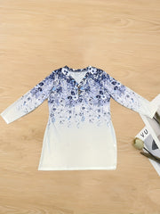  Sexy Dress Women's Plus Floral Print Button Decor Long Sleeve V Neck