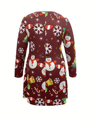  Christmas Dress Women's Plus Santa Claus & Snowman Print Dress