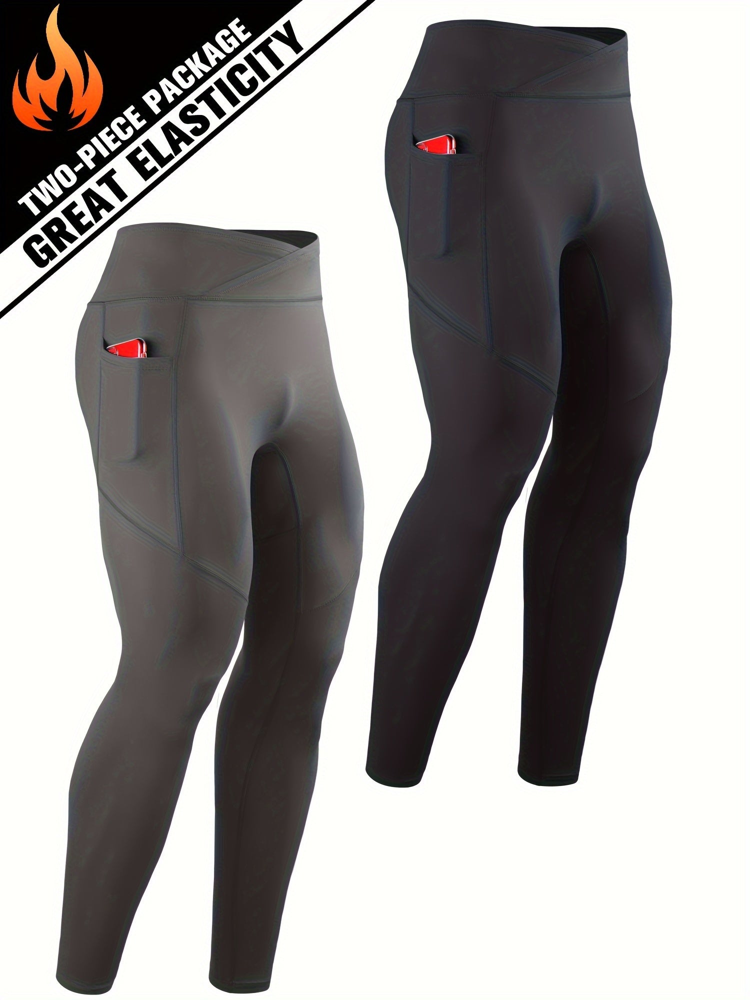 Men's Solid Pocket Leggings Active Compression Pants For Outdoor Running