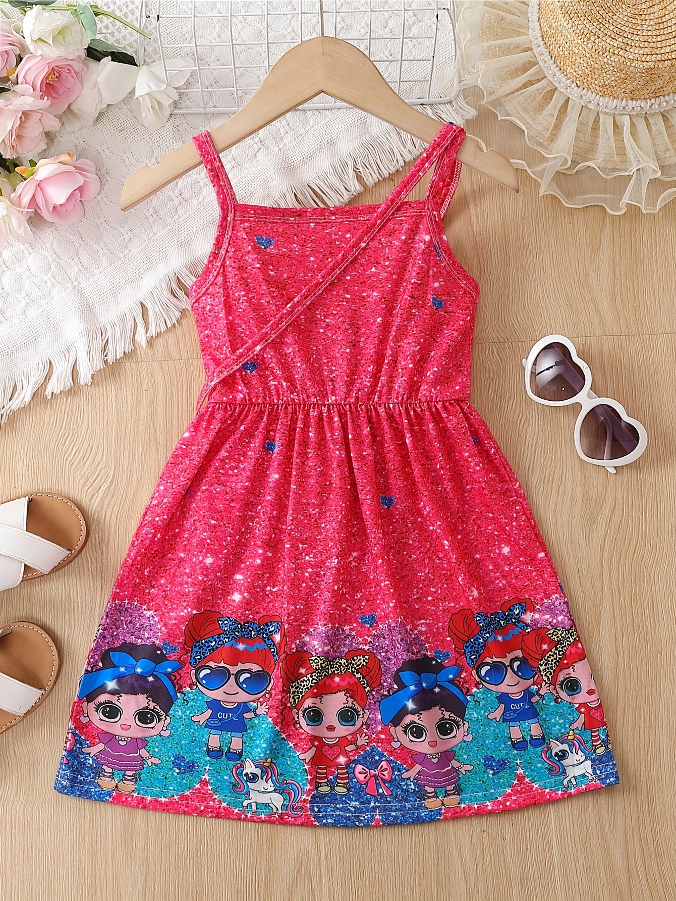 Girls Cartoon Graphic Cami Dress Casual Party Vacation Kids Clothing