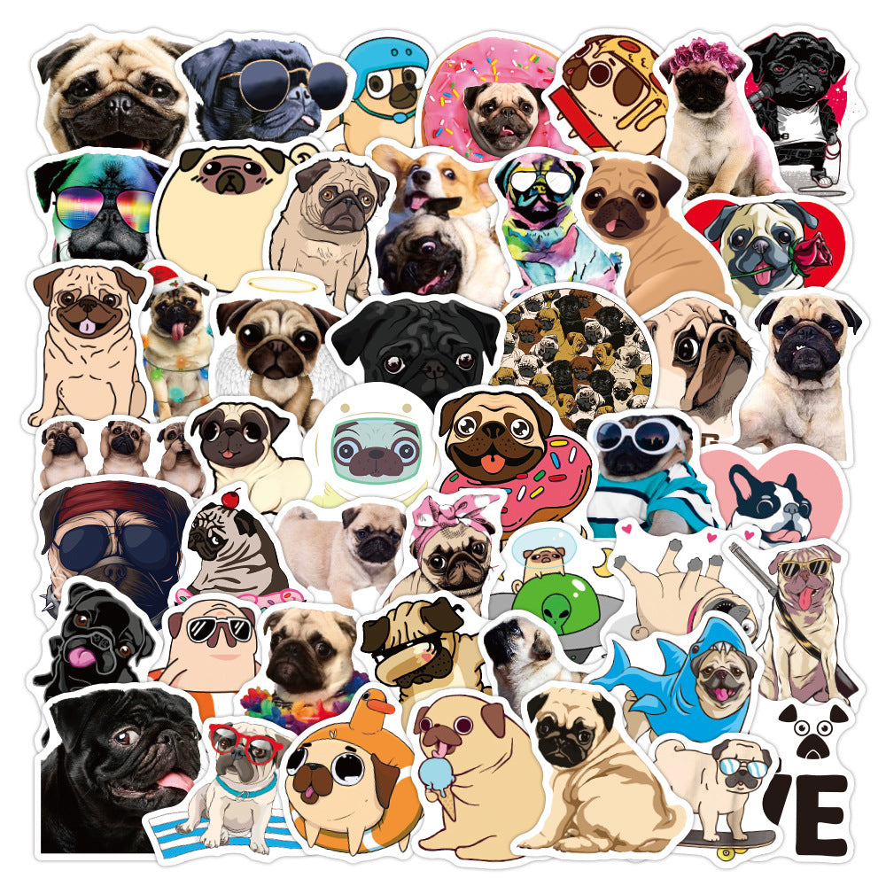 50 Cartoon Animal Pug Doodle Waterproof Stickers DIY Creative Toys