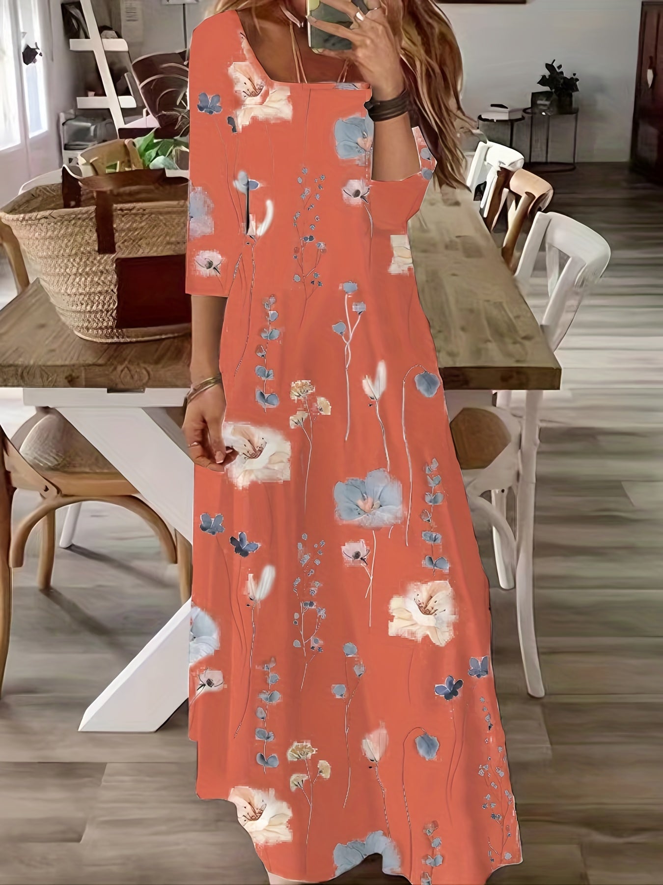 Floral Print Short Sleeve Square Neck Maxi Dress