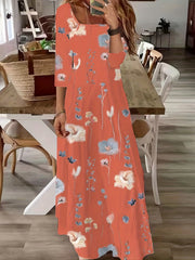 Floral Print Short Sleeve Square Neck Maxi Dress