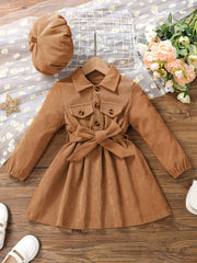 Girls Corduroy Button Front Collar Neck Dress Set