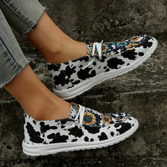 Women's Cow & Leopard Print Slip On Canvas Shoes Low Round Toe Casual & Light