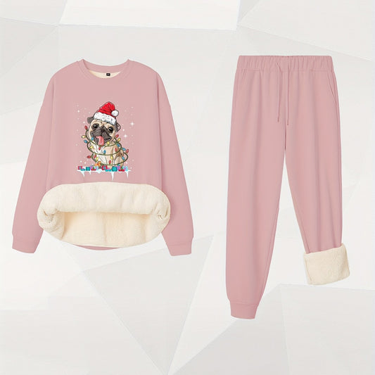 Plus Size Christmas Outfit Set Women's Hat & Puppy Fleece Top & Joggers