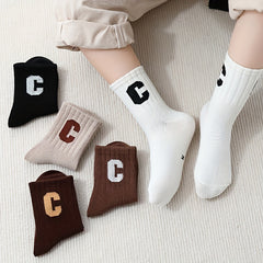 5 Pairs Kids Letter C Print Crew Socks Breathable