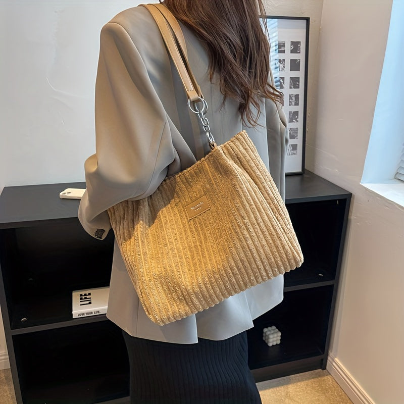 Stylish Corduroy Shoulder Bag for Women Zip Closure Fixed Strap