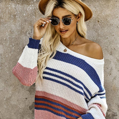 Casual Colorblock One Shoulder Plus Size Knit Top