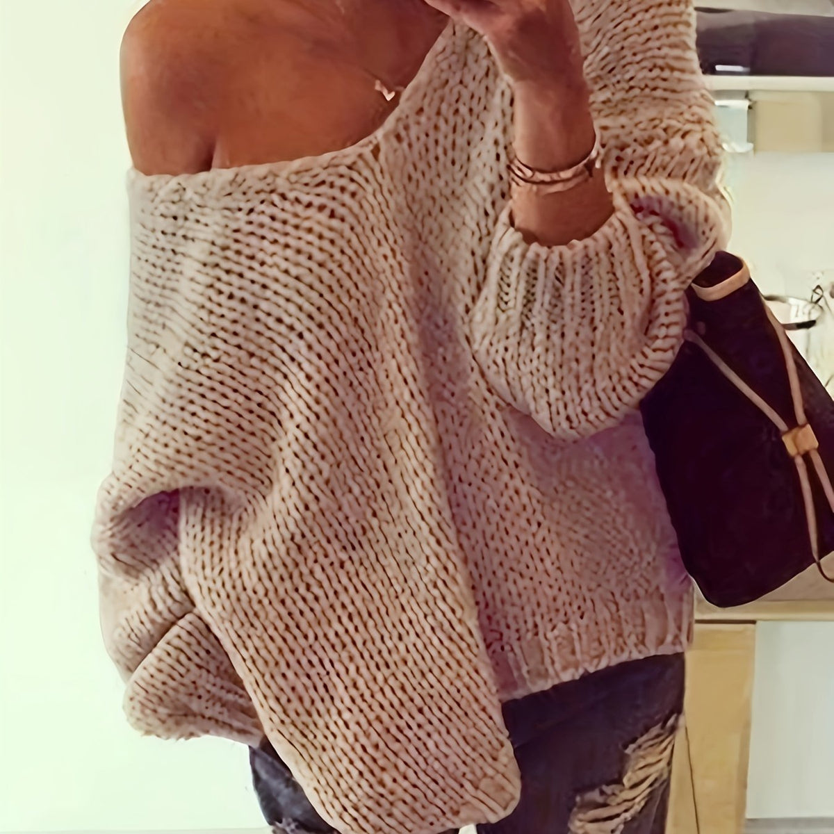Casual V Neck Knitted Top Long Sleeve Pullover Sweater