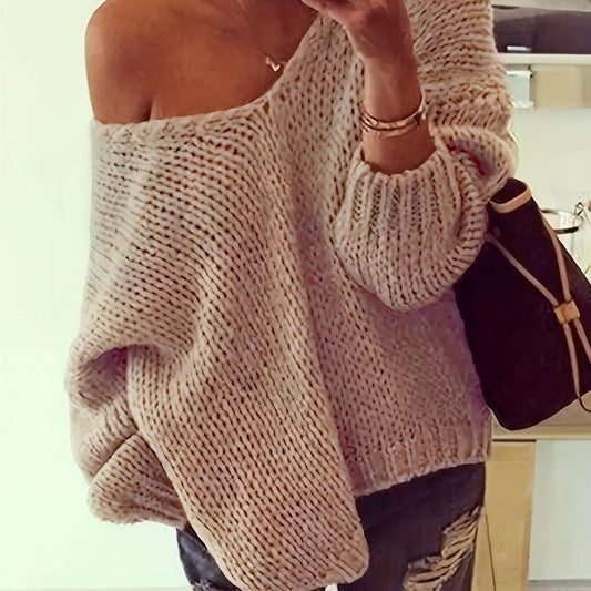 Casual V Neck Knitted Top Long Sleeve Pullover Sweater