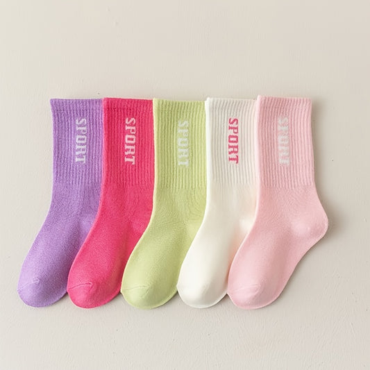 5 Pairs Girl's Letter Pattern Knitted Socks Breathable Crew Socks