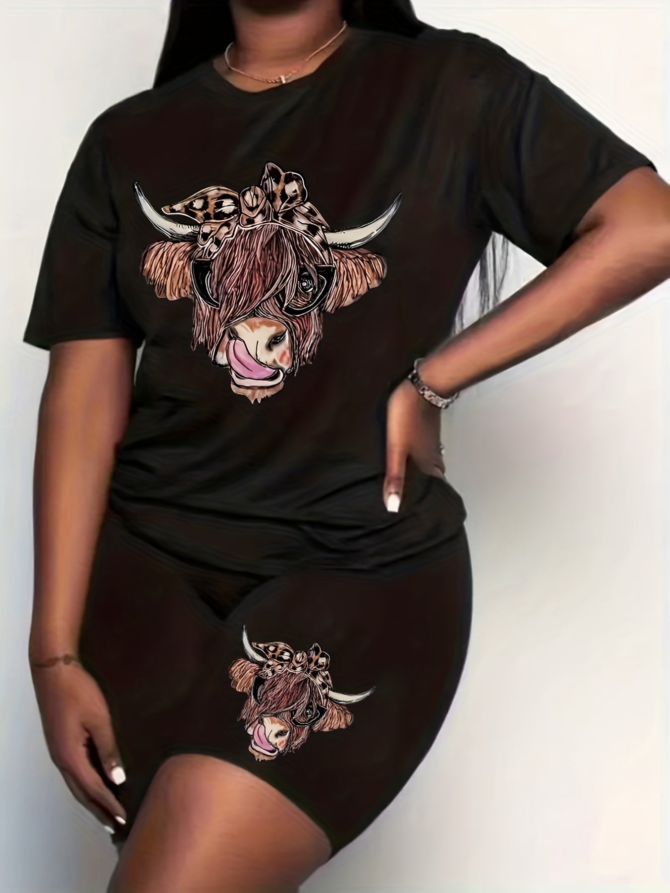 Women's Plus Leopard Cow Print Crew Neck Top & Shorts Set