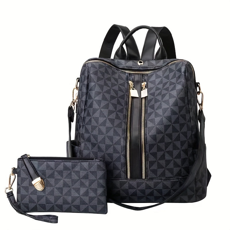 2pcs Large Capacity Backpack Wristlet Purse Set Plaid School Backpack Travel Bag