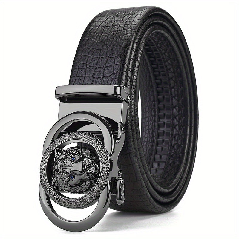 Men's Calfskin Leather Lion Head Buckle Belt Snake Pattern Business Belt