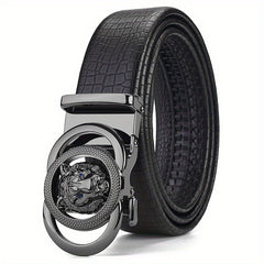 Men's Calfskin Leather Lion Head Buckle Belt Snake Pattern Business Belt