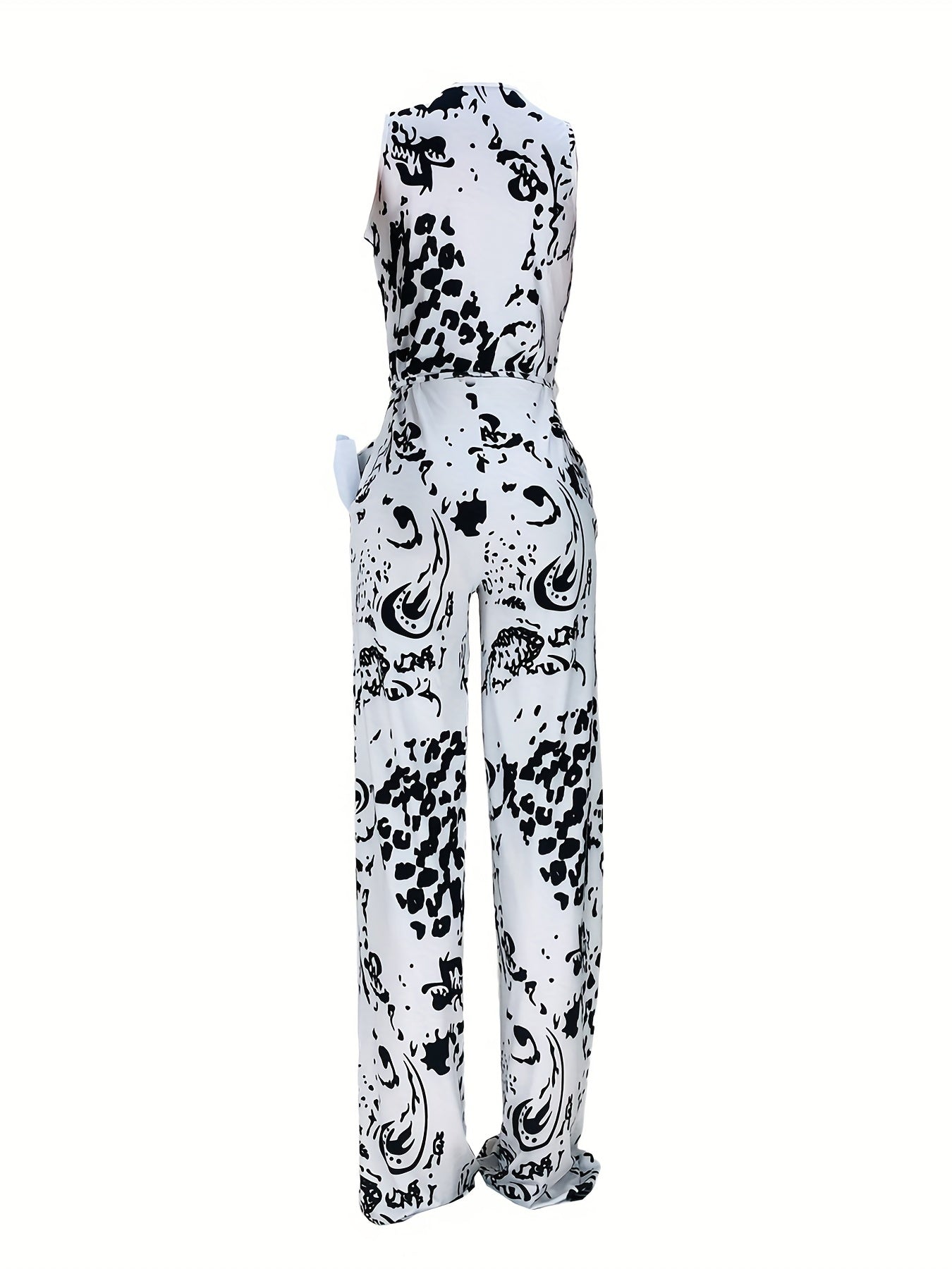 Abstract Print Surplice Neck Jumpsuit Sexy Sleeveless Drawstring Jumpsuit