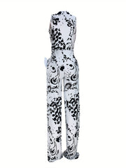 Abstract Print Surplice Neck Jumpsuit Sexy Sleeveless Drawstring Jumpsuit