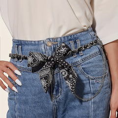 Paisley Print Bowknot Belt Lace Up Waistband Tassel Pants Jeans Belt
