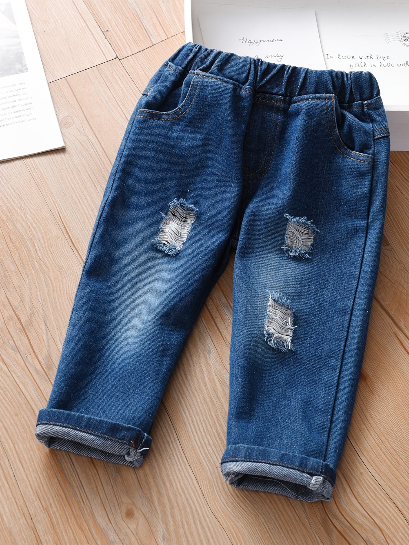 Toddler Girls Ripped Cropped Jeans Elastic Waist Denim Pants Capris