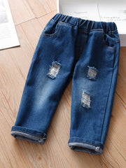 Toddler Girls Ripped Cropped Jeans Elastic Waist Denim Pants Capris