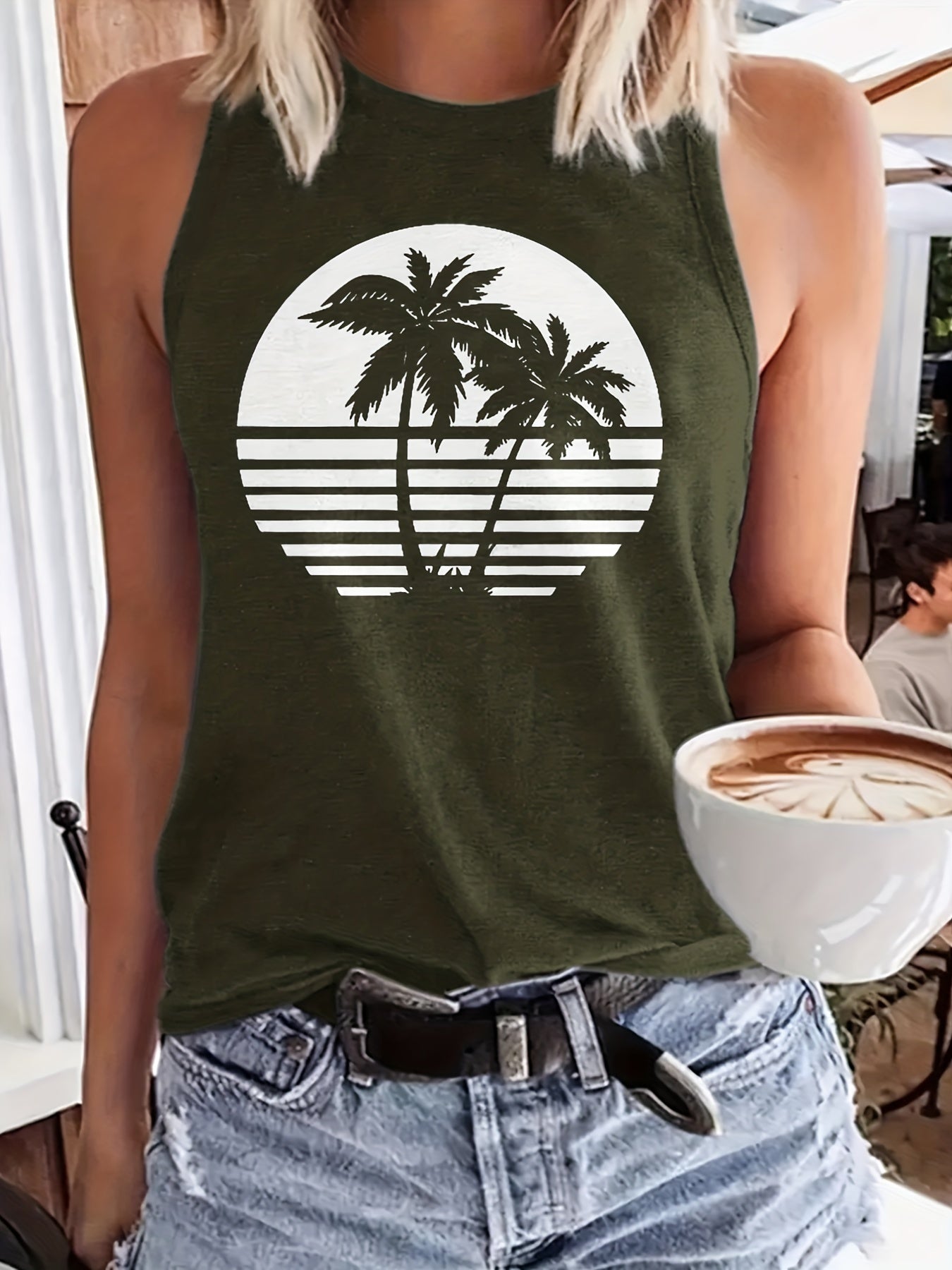 Coconut Tree Print Tank Top Crew Neck Summer Sleeveless Tank