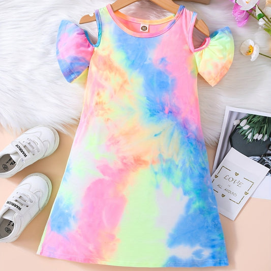Girls Tie Dye Cold Shoulder Trumpet Sleeve T Shirt Dress
