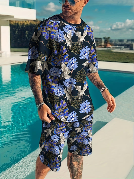 Crane And Flower Print Men's 2 Piece Outfits Casual Short Sleeve T-shirt And Sho