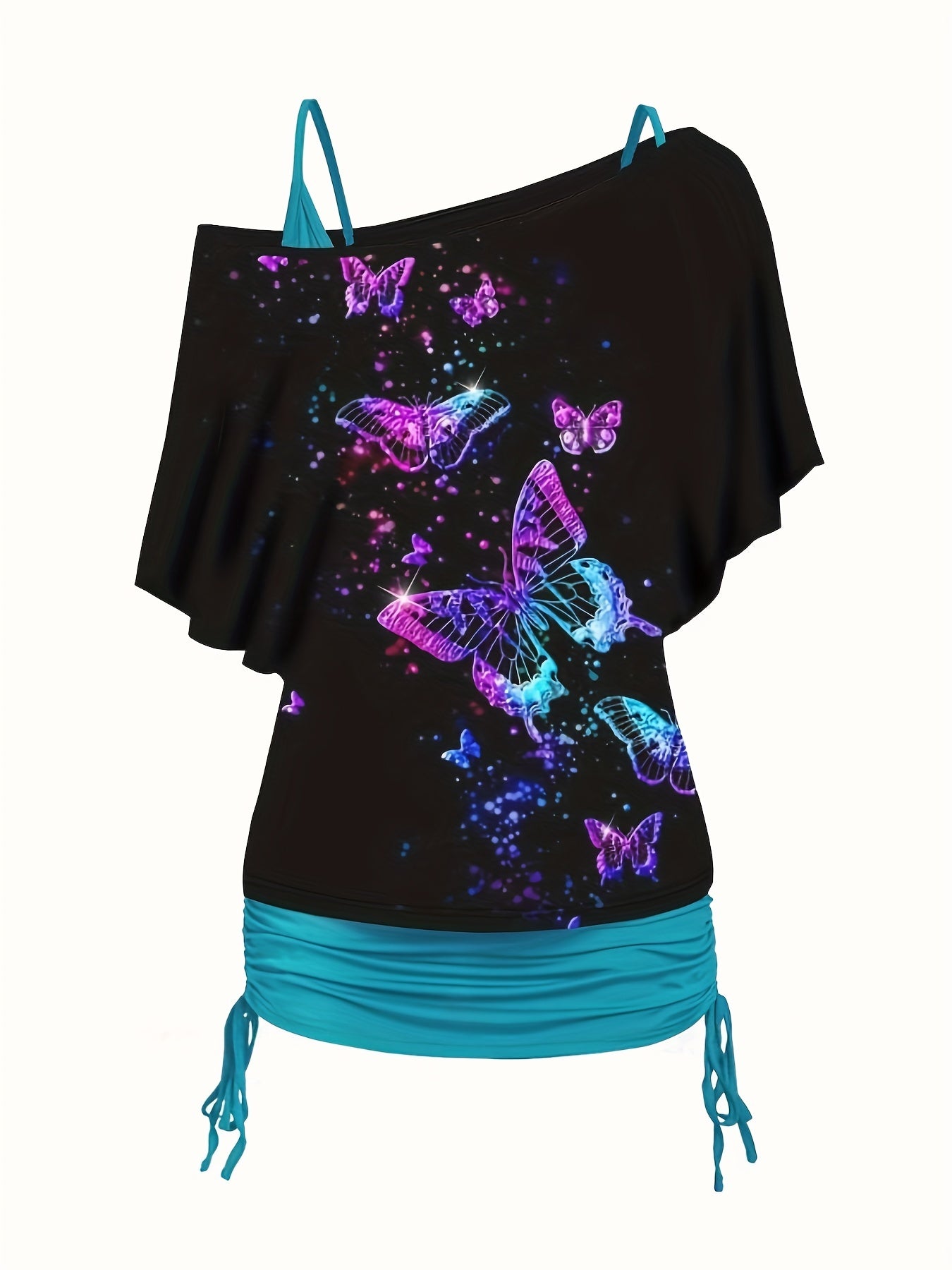 Gothic Bodycon 2pc Set Wings Pattern Slanted Shoulder Tops & Dress