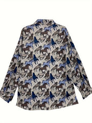  Horse Print Long Sleeve Casual Blouse