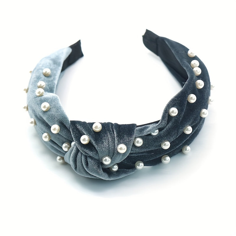 Velvet Knotted Headband with Faux Pearls