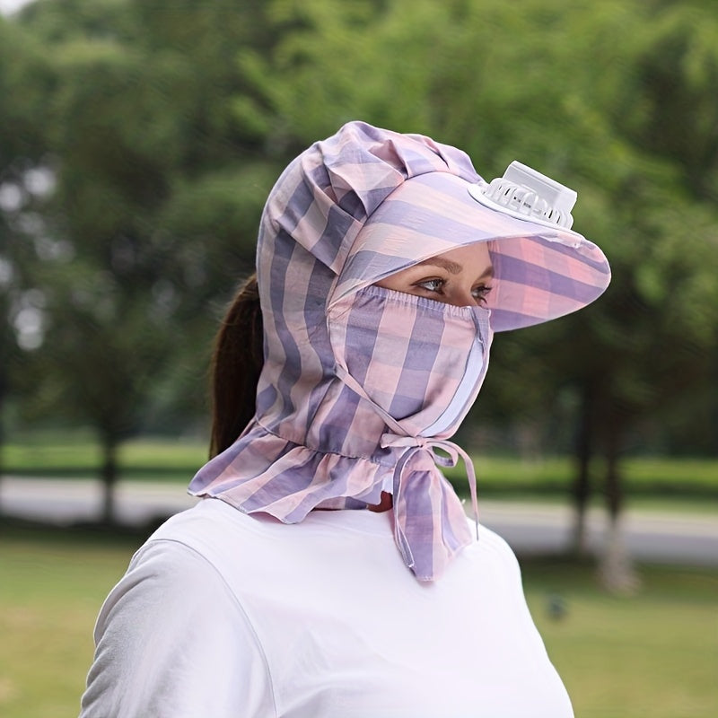 Plaid Print Fan Sun Hat with Neck Gaiter and Face Covering