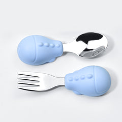 Baby Learn To Eat Training Fork Spoon Short Handle Stainless Steel Tableware