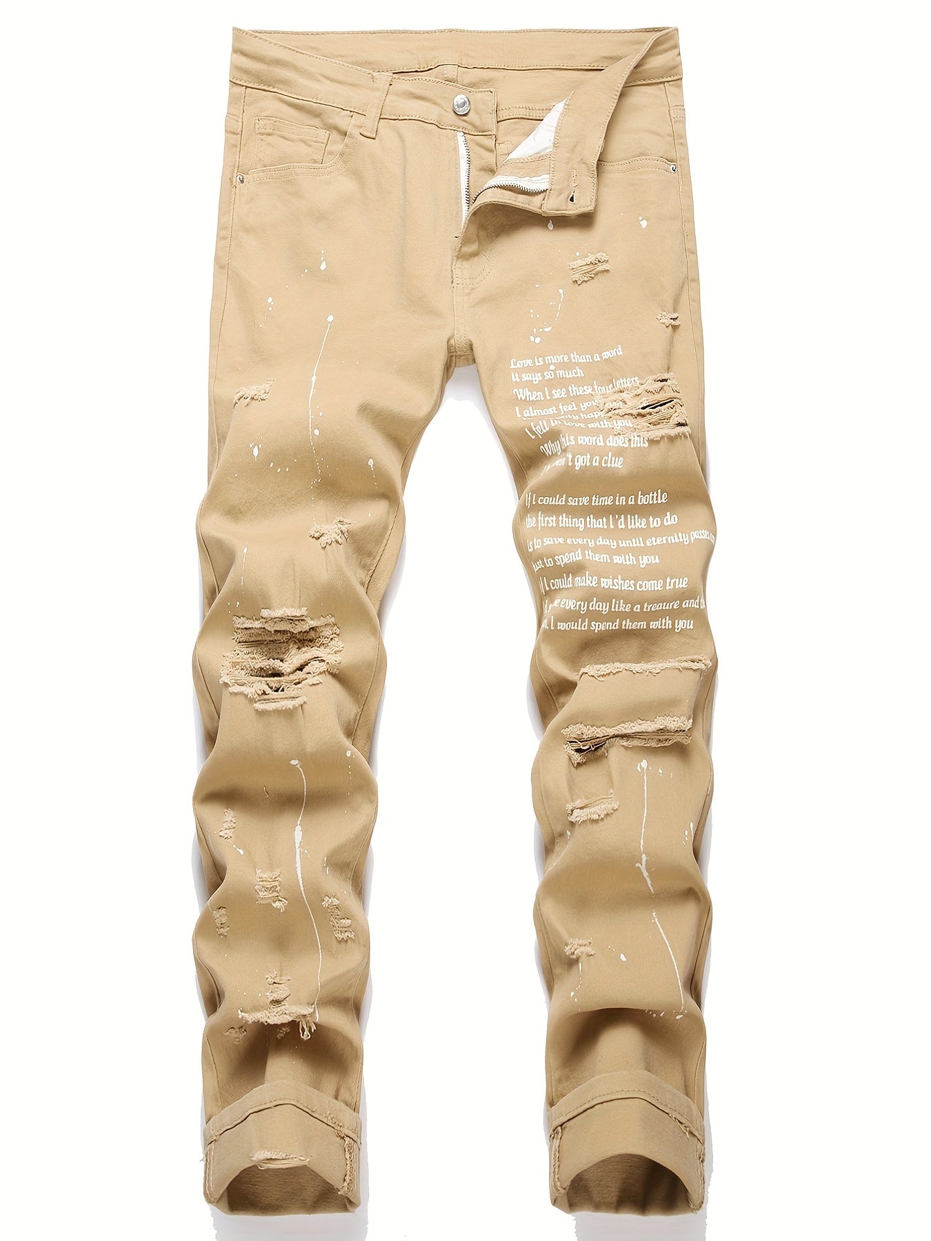Patterned Ripped Straight Slim Fit Denim Jeans