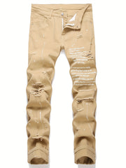Patterned Ripped Straight Slim Fit Denim Jeans
