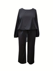  Solid Long Sleeve Tee & Belted Pants Two Piece Set