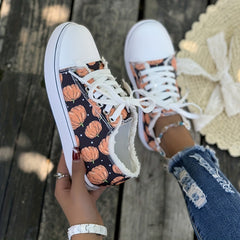 Women's Pumpkin Print Canvas Shoes Halloween Low Top Flat Walking Shoes
