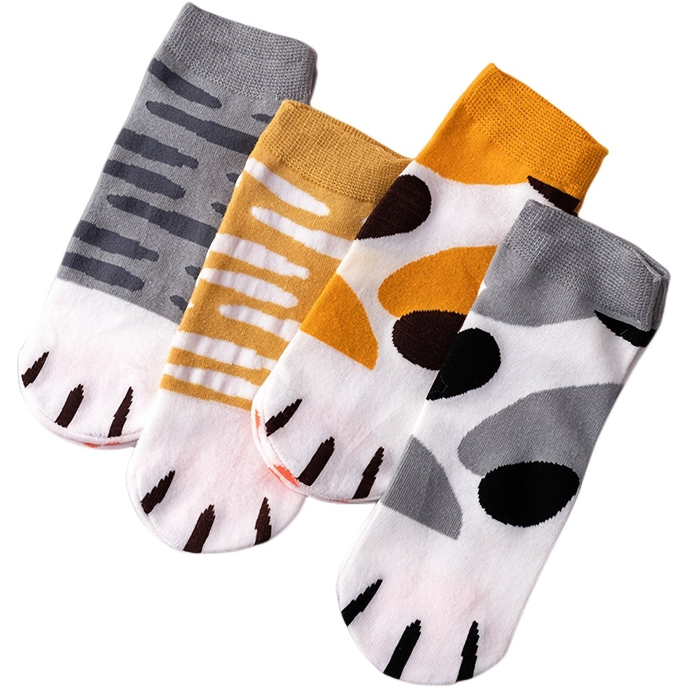 4 Pairs Women Ankle Socks Cat Paw Leopard Print Cotton Low Cut Short Socks